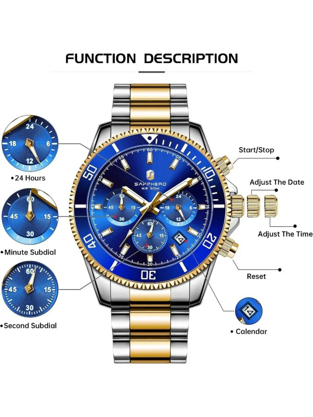Men's Gold Silver Strap Blue Chronograph Stainless Steel Waterproof Wrist Watch